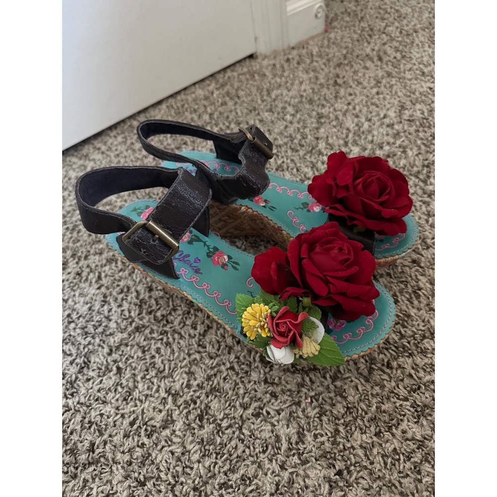 Irregular Choice 4097-02 Floral Rose Wedge Sandals Turquoise Brown Womens 10 41